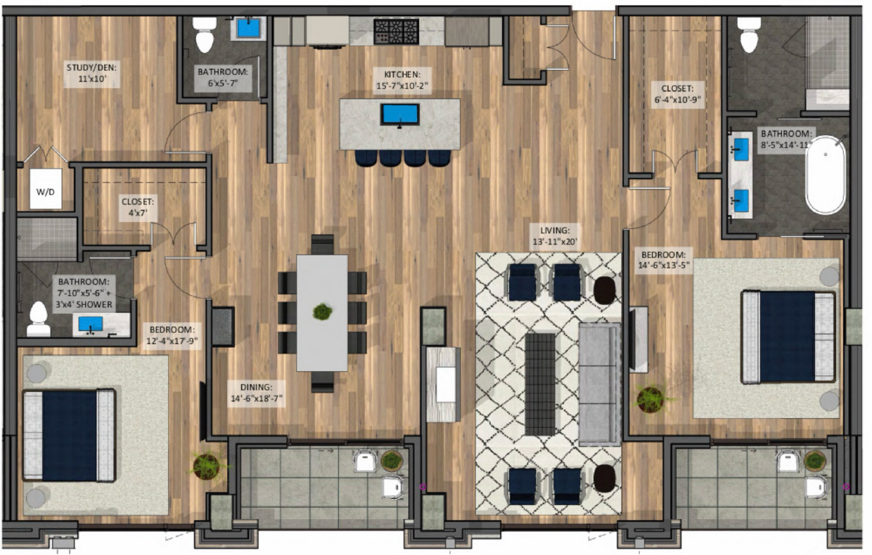 Floor plan for McGregor Square Residence 1007 showing two bedrooms, den, two-and-one-half baths and open living areas